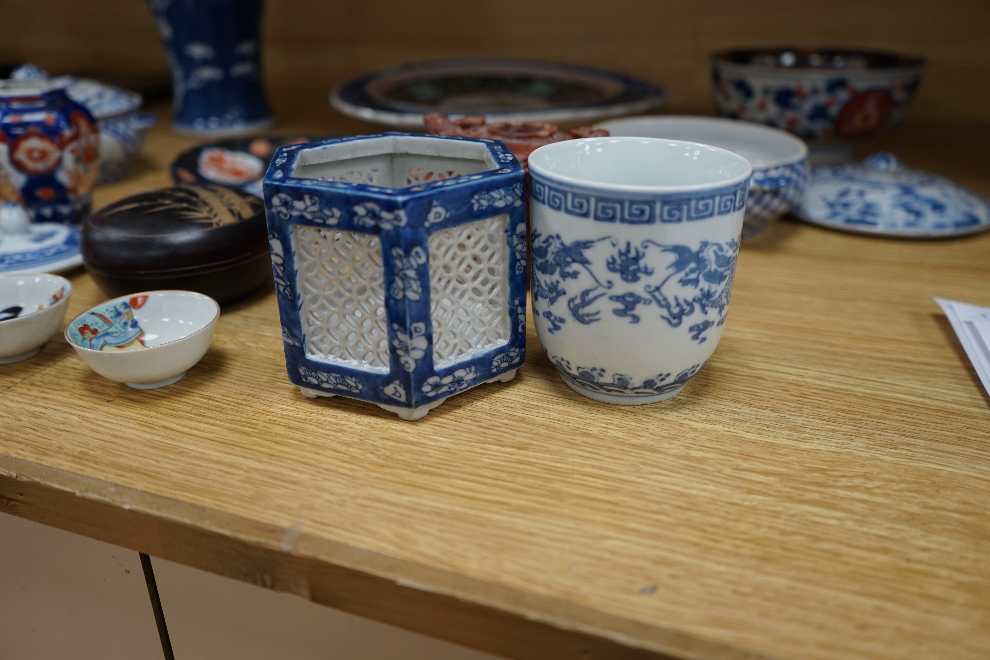 An early 20th century Chinese blue and white prunus vase, group of Chinese, Japanese porcelain Rex Hotel tureens, soapstone wine pot etc